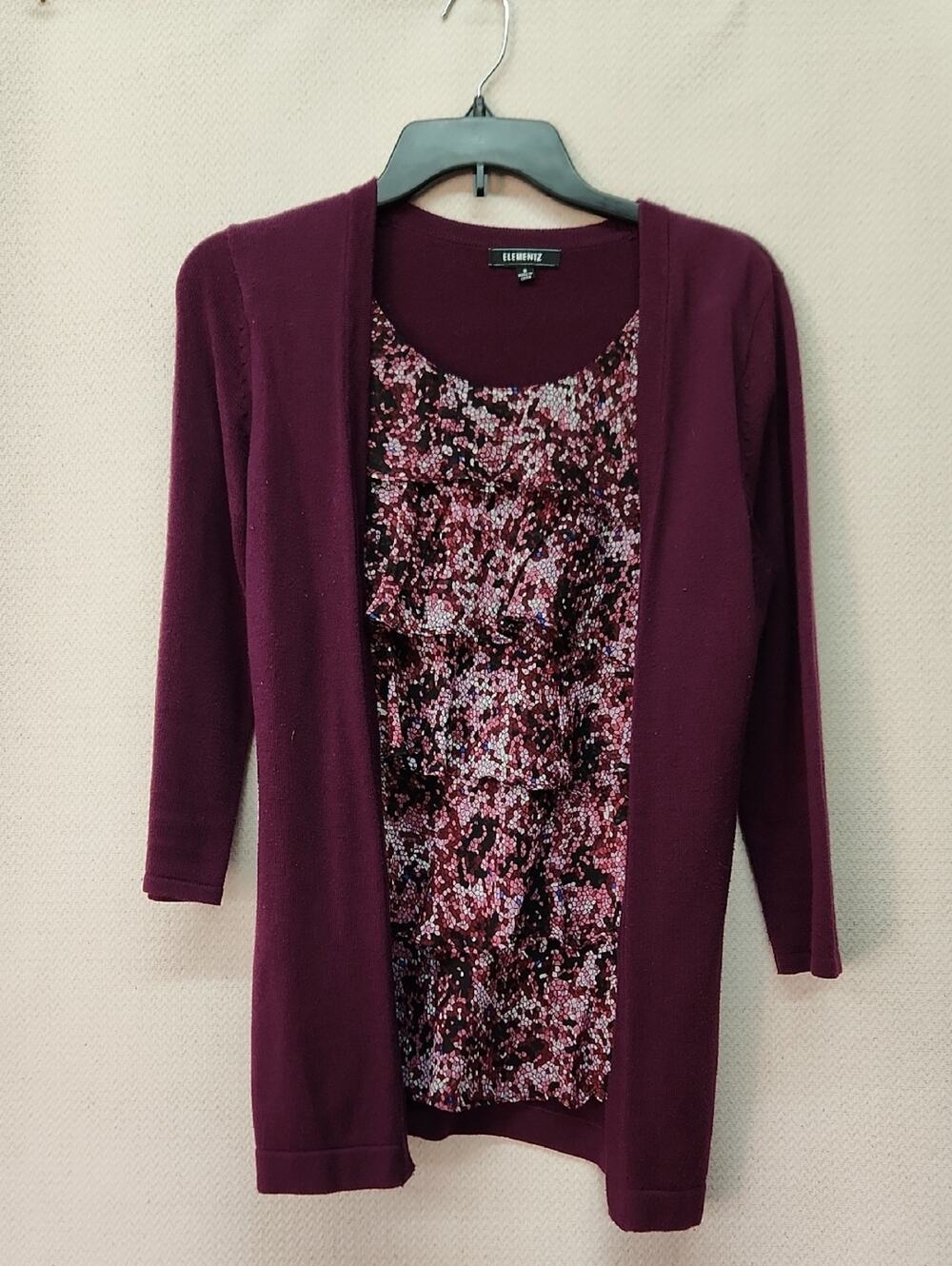 Elementz Plum Open-Front Cardigan with Pink Patterned Shell